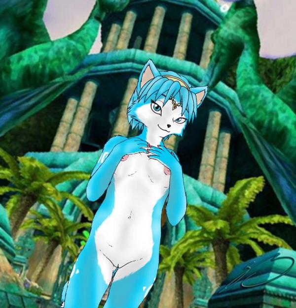 anthro bindi black_nose blue_eyes breasts closed_mouth color cyan_fur cyan_hair day female female_only fox front_view fur furry furry_breasts furry_ears furry_tail hair jewelry krystal looking_at_viewer nipples nude open_eyes outdoors pink_nipples pointy_ears roary short_hair solo standing star_fox tail vulva white_fur