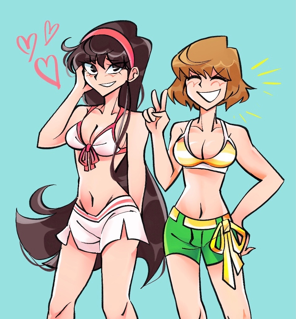 2girls, alternate costume, amagi yukiko, amagi yukiko (swimsuit), atlus, bikini, black hair, breasts, brown hair, cleavage, female, female only, fizzi ly, heart, long hair, megami tensei, persona, persona 4, satonaka chie, satonaka chie (swimsuit), short hair, simple background, smile, swimsuit