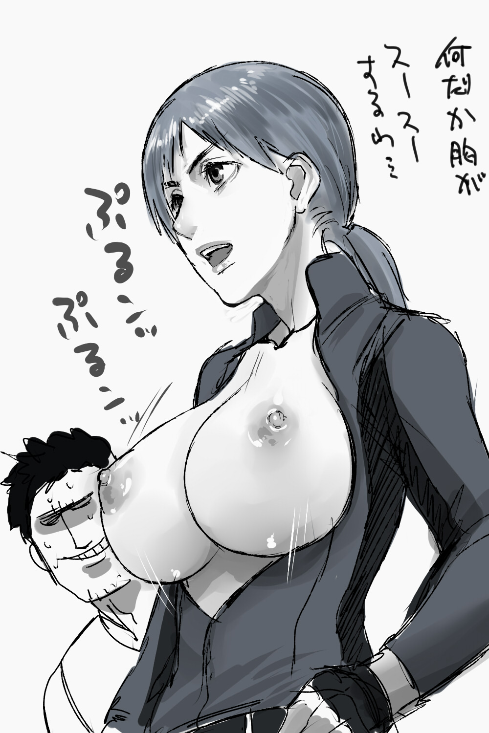 breasts capcom female highres jill_valentine jill_valentine_(julia_voth) katotepe katou_teppei large_breasts nipples ponytail resident_evil resident_evil_5 tied_hair translation_request