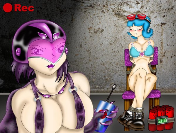 2girls big_breasts blue_bra blue_hair blush bondage bra breasts closed_eyes dynamite el_tigre evil female frida_suarez gloves goggles goggles_on_head large_breasts latina multiple_girls nickelodeon purple_hair purple_lips purple_lipstick short_hair zoe_aves