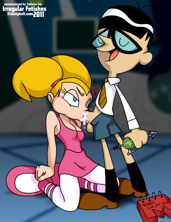 cartoon_network cleavage cum cum_in_mouth dee_dee_(dexter's_laboratory) dexter's_laboratory fellatio female human irregular_fetishes male mandark oral penis straight testicles thighhighs