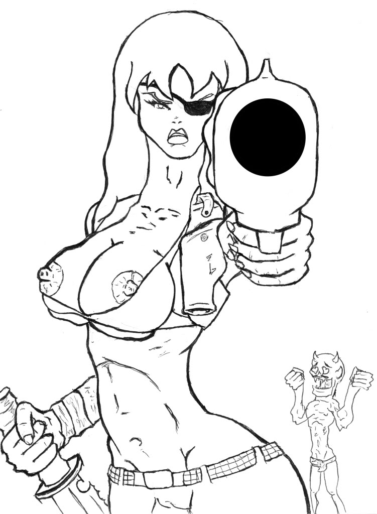 big_breasts breasts cameltoe cleavage dr._satan gun heart_eyes holster knife midriff monochrome nipple_slip nipples sketch suzi-x the_haunted_world_of_el_superbeasto wardrobe_malfunction