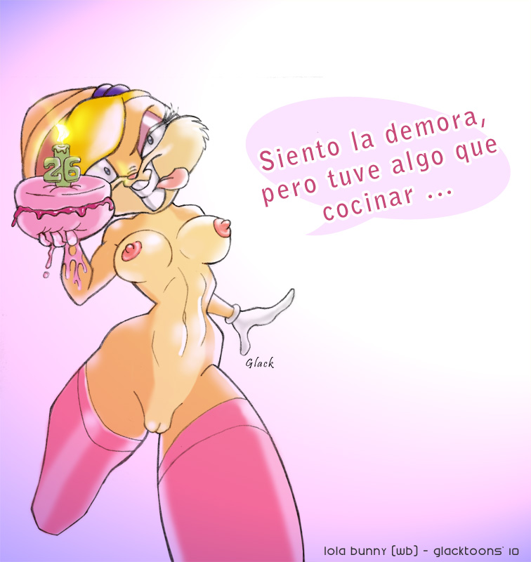 anthro breasts cake candle dialog female female_only food fur furry furry_breasts furry_ears glack gloves hair holding lola_bunny long_ears looney_tunes mammal rabbit short_hair solo space_jam speech_bubble standing tagme text translation_request