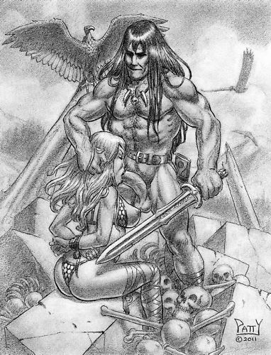 1boy 1girls 2011 bondage chainmail_bikini conan conan_the_barbarian_(series) fellatio female forced forced_oral greyscale male monochrome oral oral_sex penis rape red_sonja red_sonja_(comics) sean_patty