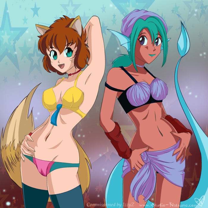 2girls animal_ears brown_eyes dark-skinned_female dark_skin female female_only green_eyes green_hair juri koto natsume_(artist) navel purple_eyes smile tagme tail yu_yu_hakusho