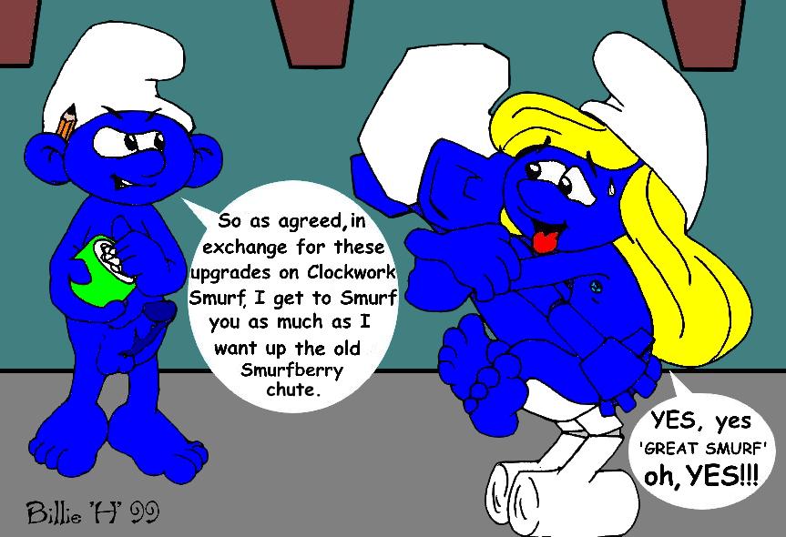 1990s 1999 1boy 1boy1girl 1girls 1robot 20th_century artist_name billie_h blonde_hair blue_skin clockwork_smurf dialog erect_nipples erection handy_smurf mouth_open nude pencil_(object) sex small_breasts small_but_hung smurfette suspended_congress the_smurfs tongue_out vaginal_penetration white_cap