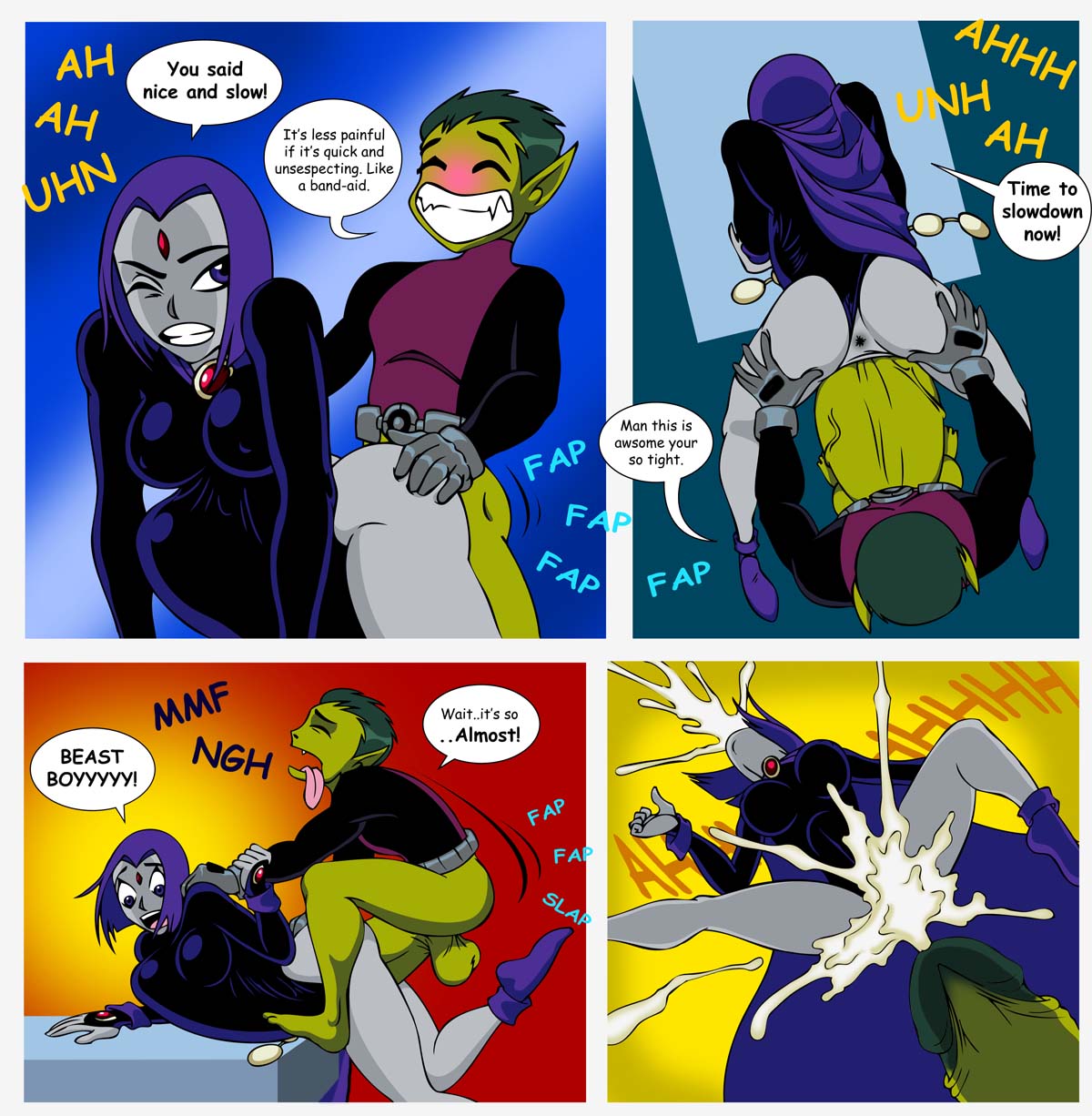 all_fours beast_boy comic cum_through dc dc_comics dcau doggy_style female huge_penis impossible_fit rachel_roth raven_(dc) selrock stomach_bulge straight teen_titans