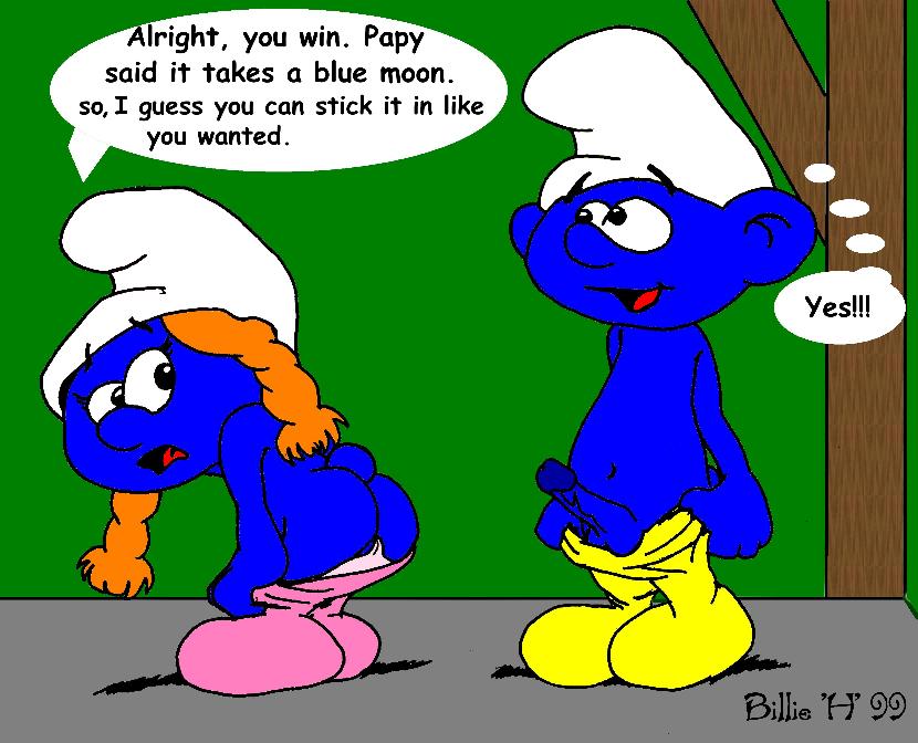 1990s 1999 1boy 1boy1girl 1girls 20th_century billie_h blue_skin dialog erection ginger_hair imminent_anal looking_at_partner looking_back mouth_open pants_pulled_down pigtails presenting_anus sassette tagme the_smurfs unknown_character