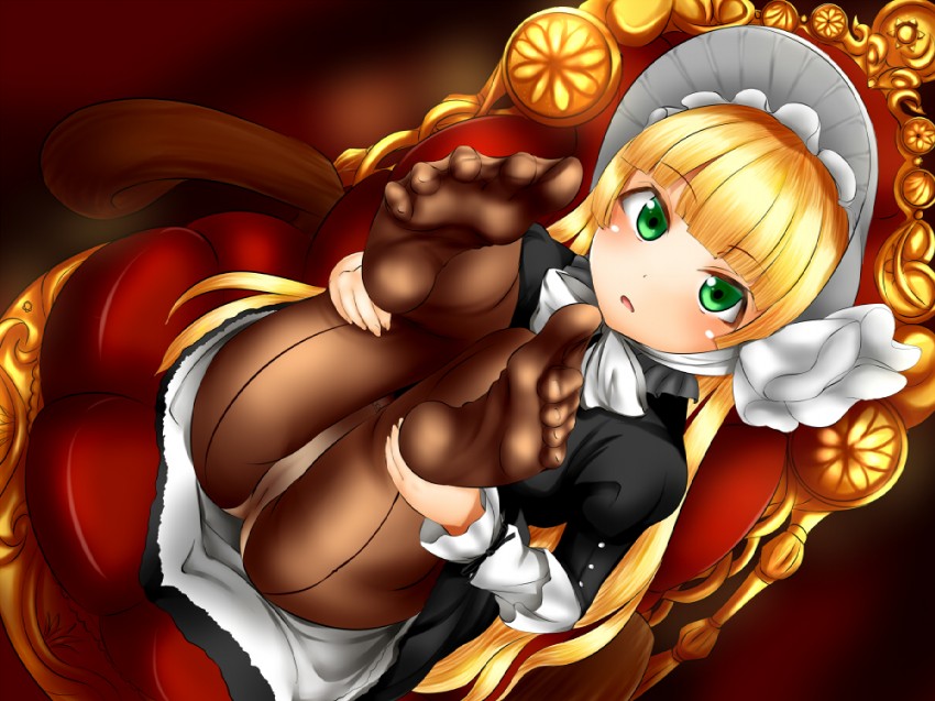 blonde_hair gosick green_eyes maid_uniform no_panties pointy_chin stockings tagme victorica_de_blois yottin young