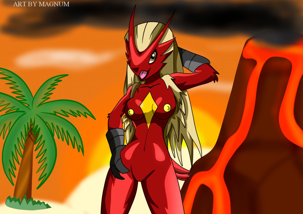 blaziken breasts color female female_only front_view magnum nipples nude outdoors pokemon pokemon_(species) pose solo standing tagme volcano