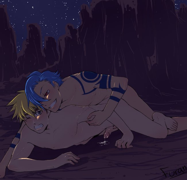 2boys anal anal_sex blue_hair cum_while_penetrated ferian kamina kittan_bachika male male_only multiple_males night nude outdoors red_eyes sex tagme tattoo tengen_toppa_gurren_lagann yaoi