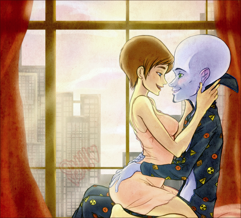 1boy 1boy1girl 1girls alien alien/human bald blue_eyes blue_skin brown_hair canon_couple clothed clothing cute dreamworks ds-hina female green_eyes human interspecies male male/female megamind megamind_(character) paramount_pictures roxanne_ritchi short_hair sunlight wholesome