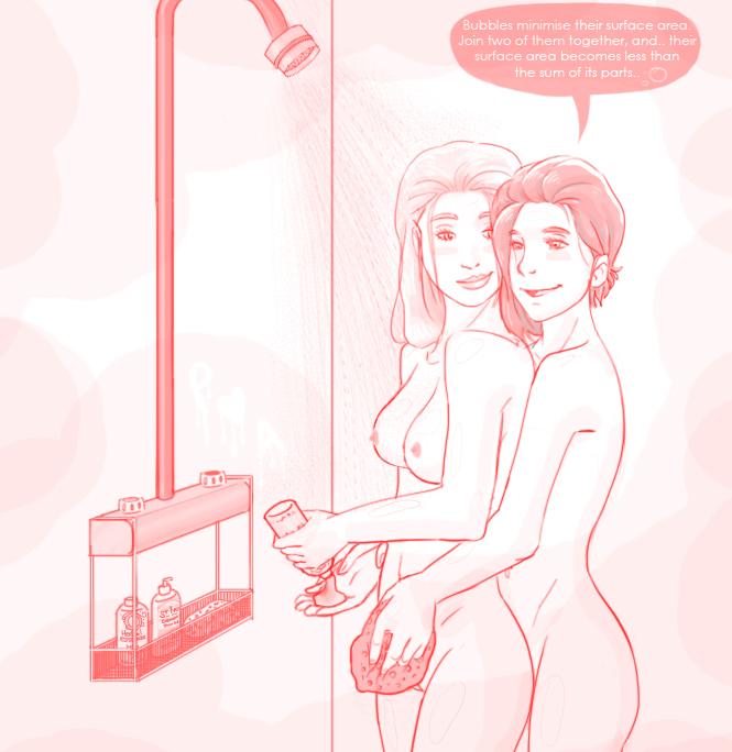 2girls aggie_d'amour breasts cerky monochrome nude_female_nude_female penny_and_aggie penny_levac pink_background shower sponge webcomic yuri