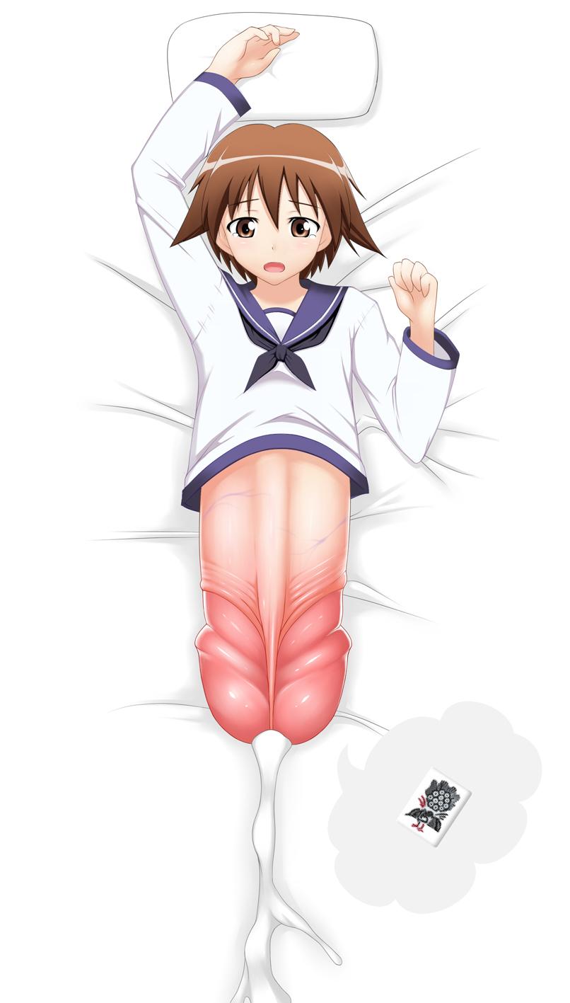 ambiguous_gender bed_sheet brown_eyes brown_hair clothing cum ejaculation funny light_skin miyafuji_yoshika mouth_open nullbrainz penis pillow school_uniform strike_witches what white_background