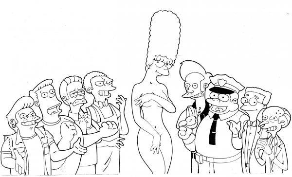 apu_nahasapeemapetilon chief_wiggum clothing doughnut female human line_art male marge_simpson moe_szyslak monochrome montgomery_burns multiple_males ned_flanders nudity rainier_wolfcastle snake the_simpsons waylon_smithers