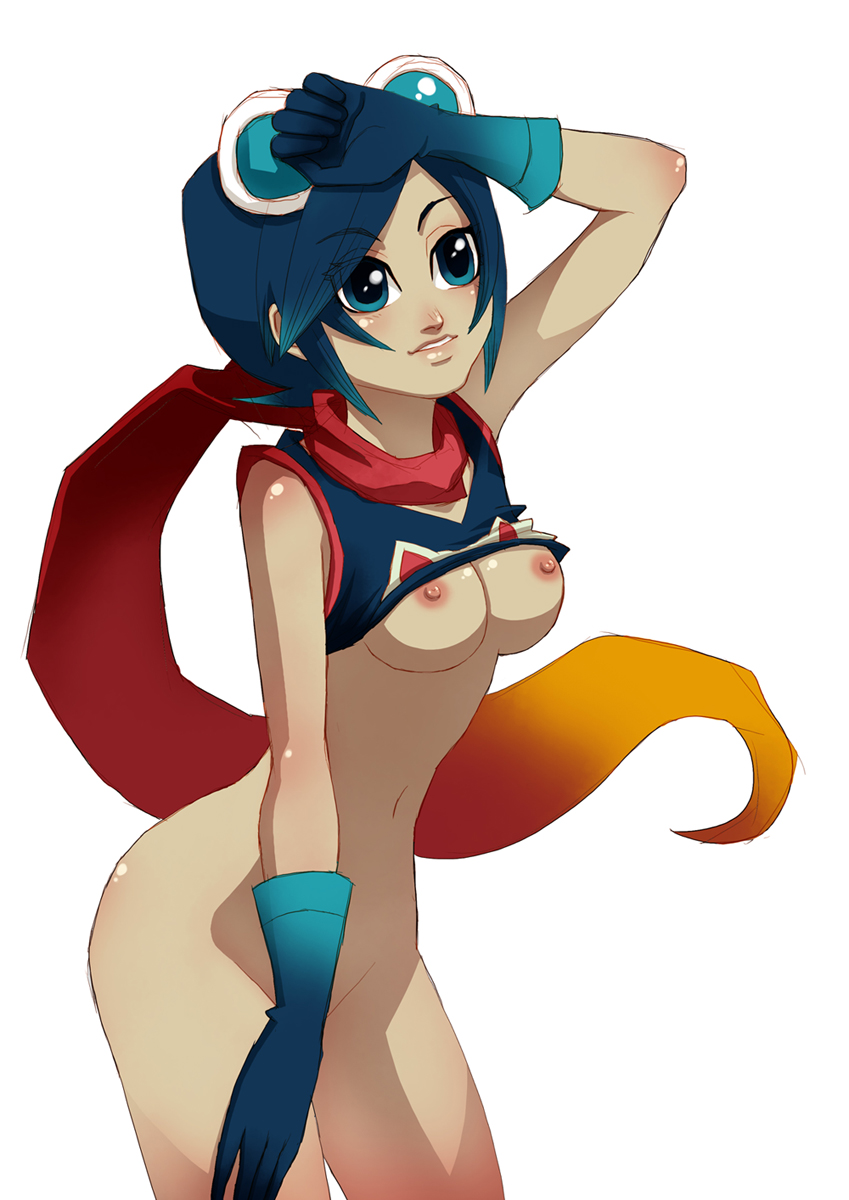 blue_eyes blue_hair breasts cape clothes female gloves goggles headwear king_of_fighters may_lee nipples snk