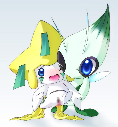 1girls blue_eyes bottomless celebi color eyes female interspecies jirachi nintendo nudity open_eyes pokemon pokemon_(species) seiryu_keita sexless topless wings