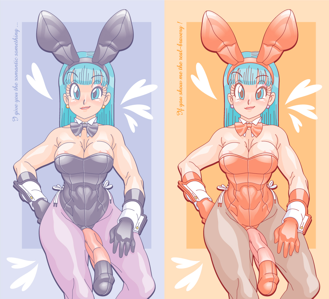 1futa 1girls ahe_gao areola areola_slip blue_eyes blue_hair blush bowtie breasts bulma_(bunny) bulma_briefs bunny_costume bunny_ear bunny_girl bunnysuit detached_collar dickgirl doomshaman dragon_ball futanari intersex pantyhose penis text wrist_cuffs