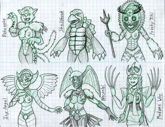 anthro anthro_only bakeneko breasts character_name claws clothes color female female_only freaky_tiki front_view gingaman hair head_wings icy_angel kakuranger long_hair madame_woe magiranger mask mighty_morphin_power_rangers multiple_females multiple_girls necrolai nipples power_rangers power_rangers_lost_galaxy power_rangers_mystic_force rule_63 shellshock standing super_sentai vancuria wings zyuranger