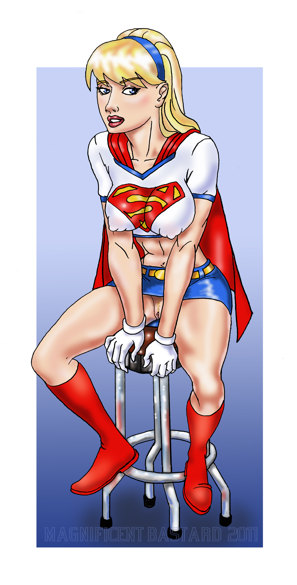 beltskirt blonde_hair blue_eyes dc female gloves legs linda_danvers long_hair magnificent_bastard miniskirt navel nipples_visible_through_clothing no_panties pubic_hair pussy red_boots sitting_down skirt stool supergirl thighs upskirt white_shirt yellow_belt