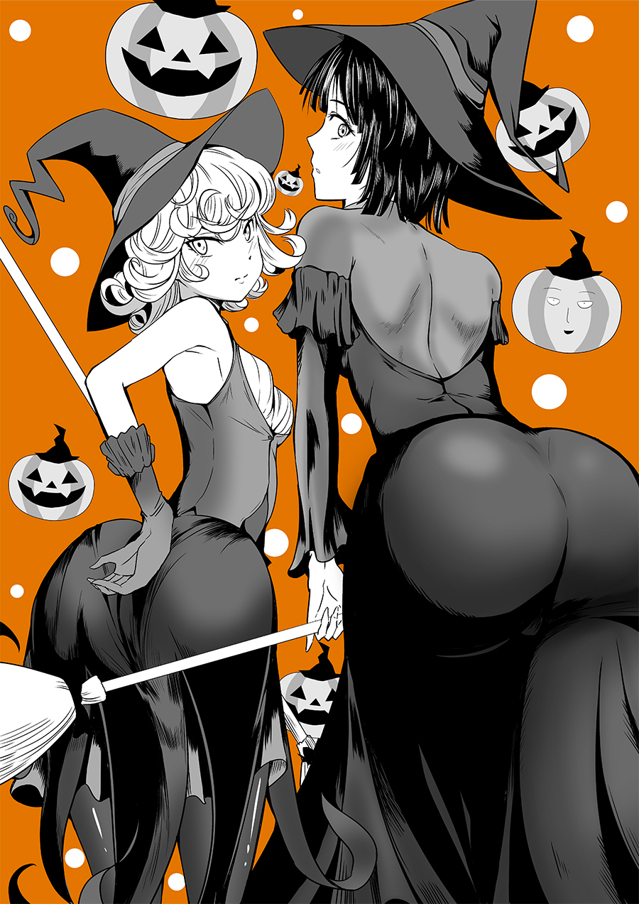 2girls alternate_costume ass big_ass blush cosplay embarrassed esper_sisters female female_only fubuki_(one-punch_man) halloween huge_ass impossible_clothes kawa looking_at_viewer looking_back multiple_girls one-punch_man saitama sisters tatsumaki thick_thighs thighhighs thighs witch witch_hat