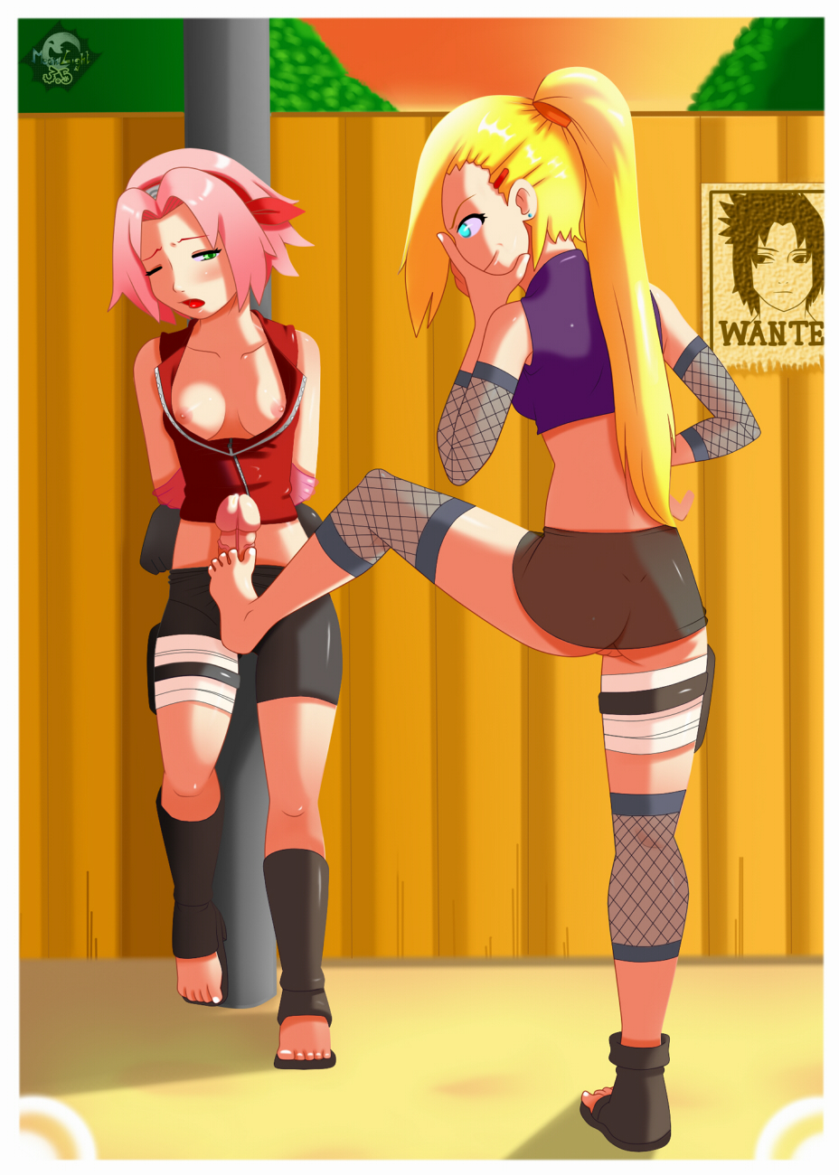 1futa 1girls bike_shorts blonde_hair blue_eyes blush breasts feet female_on_futa fishnets footjob futanari futasub green_eyes hands_behind_back human ino_yamanaka intersex mini_skirt naruto nipples penis pink_hair ponytail public sakura_haruno sasuke_uchiha silvermoonlight tied_hair upskirt