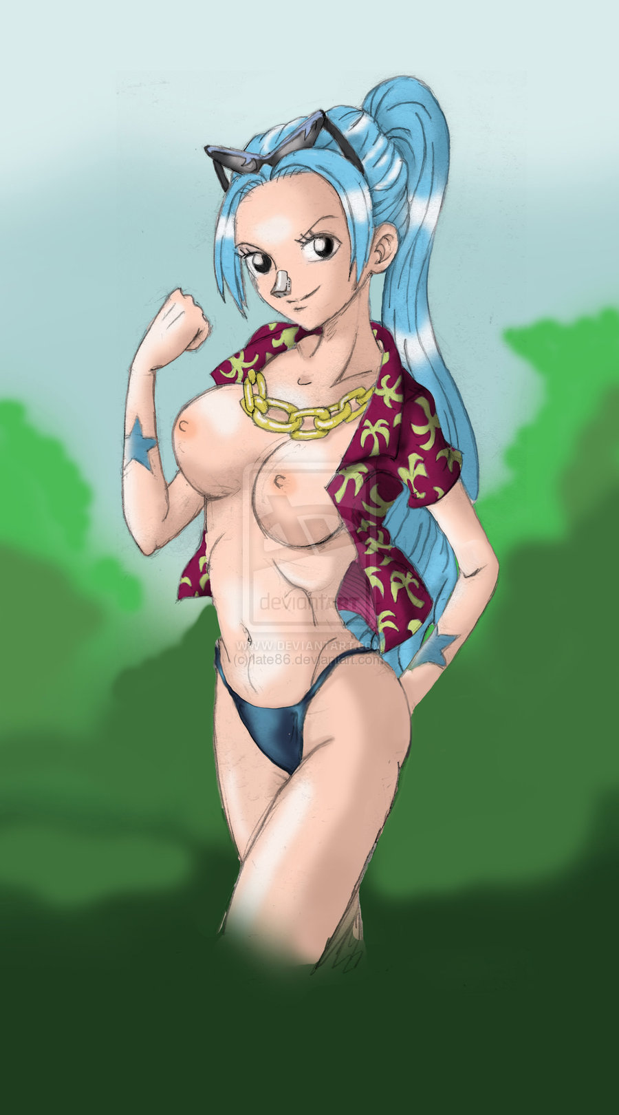 beige_skin black_eyes blue_hair breasts chain clothes color cosplay day eyewear female female_only franky franky_(cosplay) front_view glasses hair human late86 long_hair looking_at_viewer nefertari_vivi nipples no_bra one_piece open_clothes open_eyes open_shirt outdoors ponytail round_ears shirt solo standing tattoo tied_hair watermark