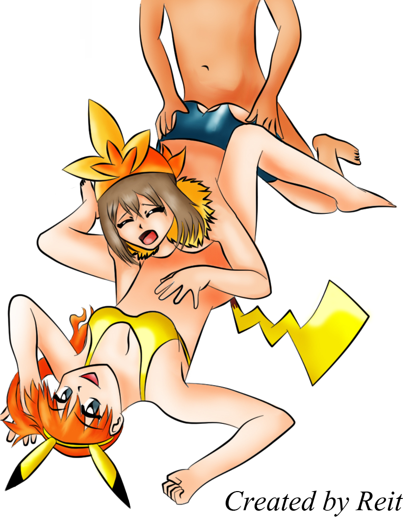 1boy 2girls blue_eyes brown_hair cosplay female from_behind human human_only kasumi_(pokemon) male may_(pokemon) multiple_girls nintendo orange_hair pikachu_(cosplay) pokemon pokemon_(cosplay) reit satoshi_(pokemon) sex straight torchic_(cosplay) white_background