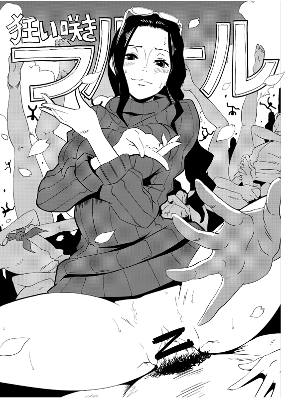 akuma no mi, black eyes, black hair, blush, breasts, butcha-u, censored, cowgirl position, eroquis, eyewear on head, female, hana hana no mi, handjob, large breasts, long hair, looking at viewer, male, monochrome, nico robin, no panties, one piece, penis, petals, pubic hair, pussy, sex, sitting, sitting on person, smile, spread legs, straight, sunglasses, sunglasses on head, sweat, sweater, vaginal penetration