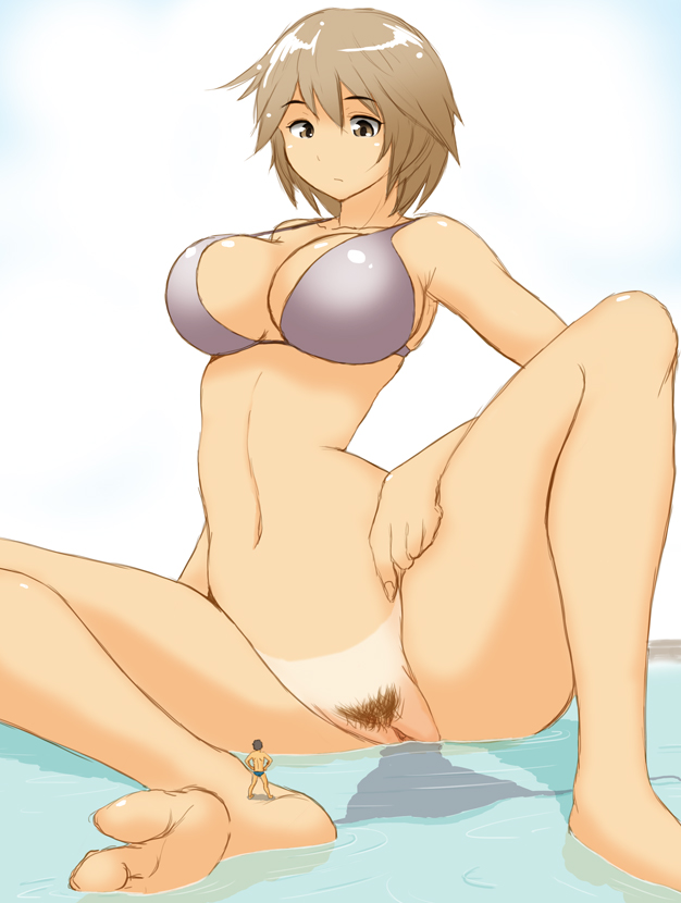 bikini_top biku_dai bottomless brown_eyes brown_hair female giantess male miniboy panah pubic_hair pussy short_hair tanline