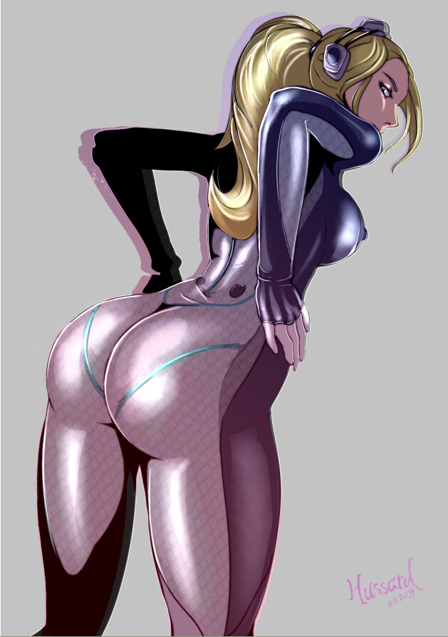1girls, ass, ass focus, back view, big ass, big breasts, blonde hair, bodysuit, breasts, erect nipples, female, female only, ghost (starcraft), hussard-yr, jpeg, light skin, light-skinned female, nipples, nipples visible through clothing, nova (starcraft), ponytail, signature, simple background, solo, solo female, standing, starcraft, terran