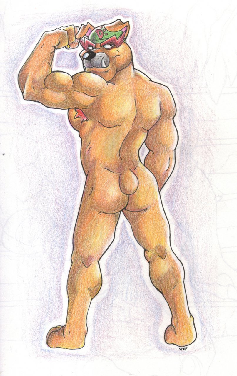 anthro armpit_hair ass back_view barefoot black_nose brown_fur closed_mouth color dog dribble_(warioware) eyebrows flexing fur furry furry_ass furry_ears furry_tail hat looking_at_viewer looking_back male male_only mario_(series) muscles mutant-serpentina mutant_serpentina open_eyes serp solo standing tail warioware