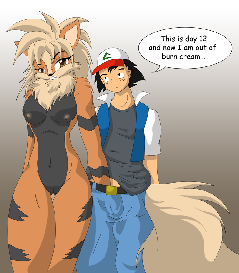 1boy 1boy1girl 1girls anthro arcanine ash_ketchum breasts brown_eyes clothes color female front_view fur furry hat human interspecies male nipples nude pokemon pokemon_(species) pokephilia satoshi_(pokemon) standing straight tagme vulva yiffmasters