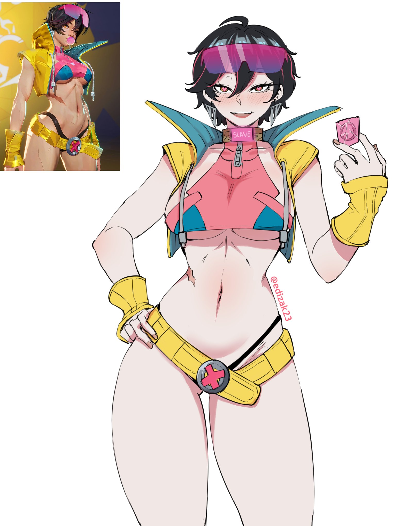 1girls, 2d, big breasts, clothed, condom, condom wrapper, female, female only, fully clothed, jubilation lee, jubilee, jubilee (marvel rivals), marvel, marvel rivals, midriff, navel, reference image, slave collar, solo, thick thighs, underboob