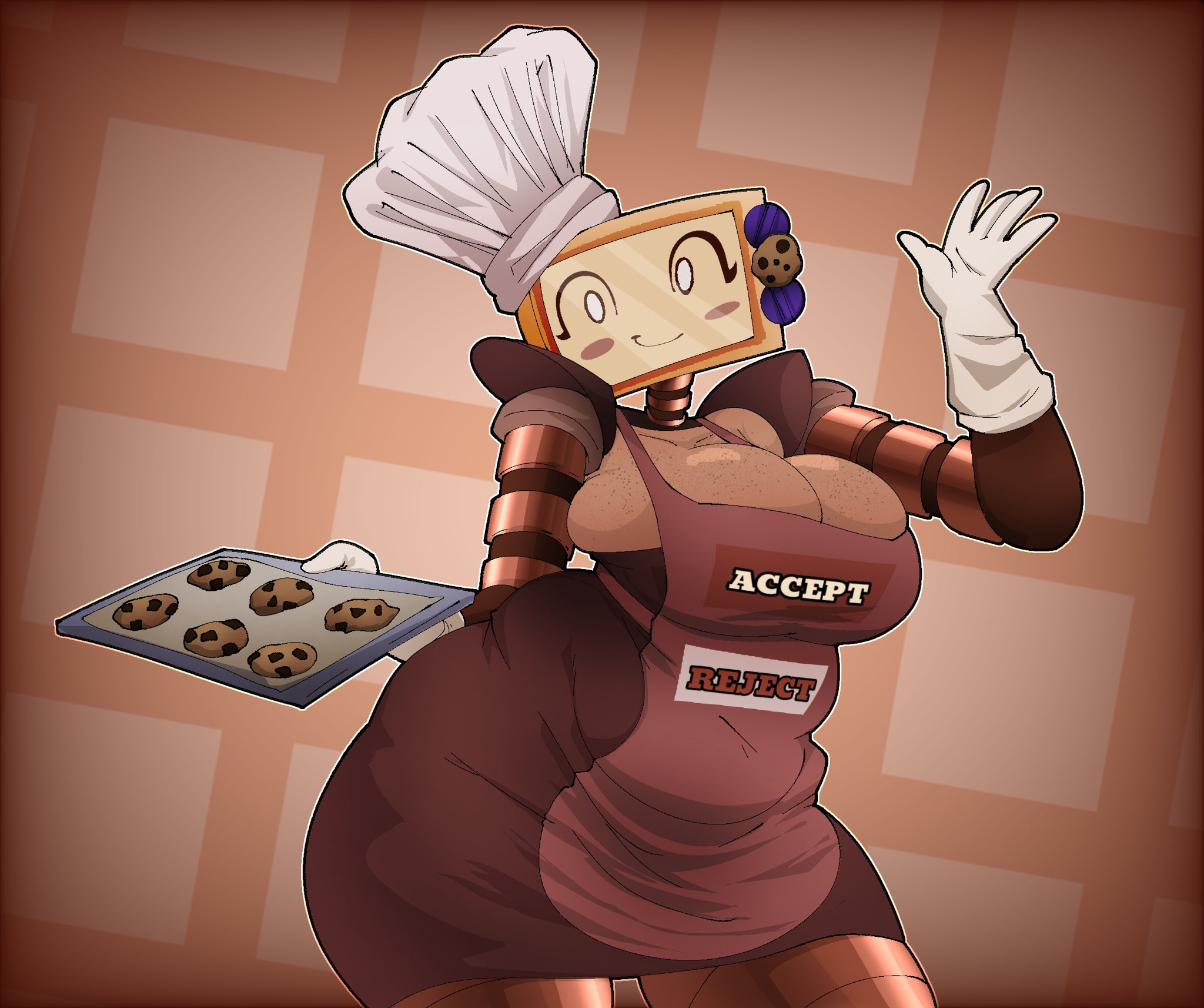 1girls, apron, ass, belly, breasts, chef hat, chubby, chubby female, cleavage, cookie, cookieware (die of death), die of death (roblox), dress, fat, female, female focus, female only, gloves, hips, large ass, large breasts, roblox, roblox game, robot, robot girl, robot humanoid, screen face, stomach, thick thighs, thighs, tray, weight gain, wide hips