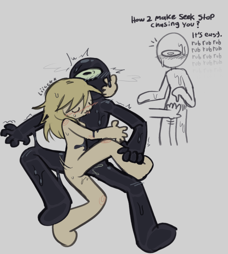 1boy, 1boy1girl, 1girls, 1girls1boy, ambiguous fluids, blush lines, cyclops, dazed, doors (roblox), english text, fully nude, goo, goo creature, greedyghoul, humping, licking, licking chest, monster, no visible genitalia, null, oc, on back, overstimulation, overwhelmed, pussy juice, roblox, roblox game, robloxian, scissoring, seek (doors), self upload, shaking, shaking lines, slime, slime monster, teratophilia, tremble spikes, trembling, tribadism
