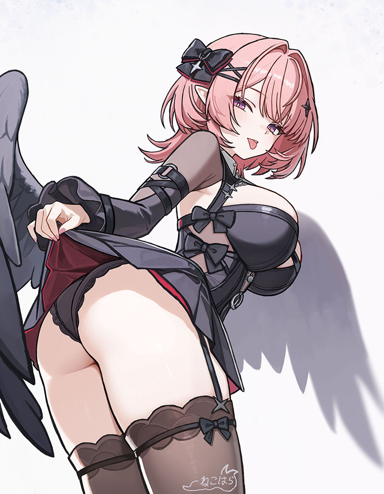 1girls, ass, ass focus, big ass, big breasts, big butt, black panties, black thighhighs, black underwear, black wings, breasts, clothes lift, colored nails, female, hoyoverse, large breasts, long hair, long nails, mihoyo, painted nails, panties, pantyshot, pantyshot (standing), pink eyes, pink hair, pink nails, pointy ears, remielle dan, remielle dan (moonlight whispers), thick thighs, thighhighs, underwear, upskirt, wings, zenless zone zero