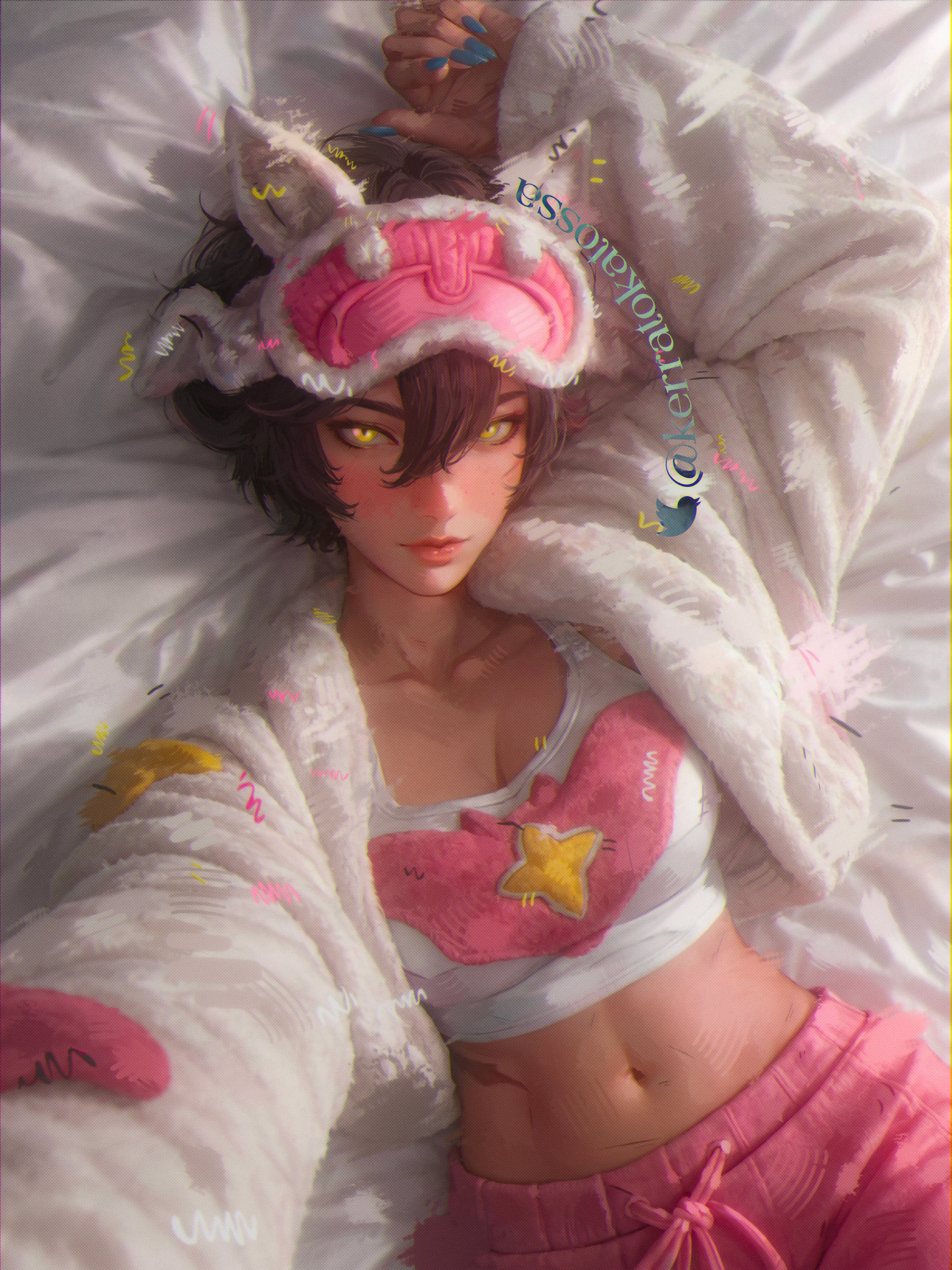 1girls, 2d, big breasts, cleavage, clothed, female, female only, fully clothed, jubilation lee, jubilee, jubilee (marvel rivals), jubilee (vampy jammies), kerratokatossa, lying, lying on bed, marvel, marvel rivals, midriff, navel, pajamas, selfie, solo