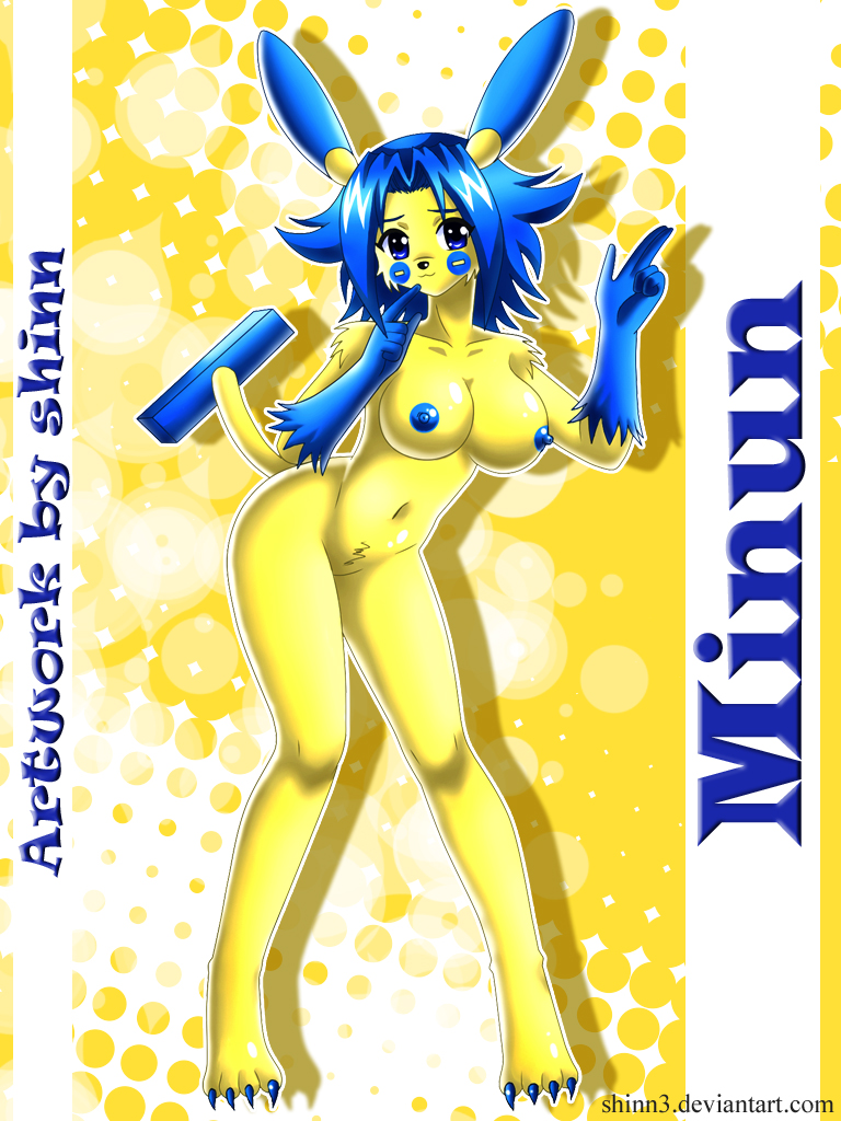 1girls anthro blue_fur blue_nipples breasts color exposed_breasts female female_only fur furry furry_breasts minun nipples nudity pokemon pokemon_(species) shinn solo yellow_fur