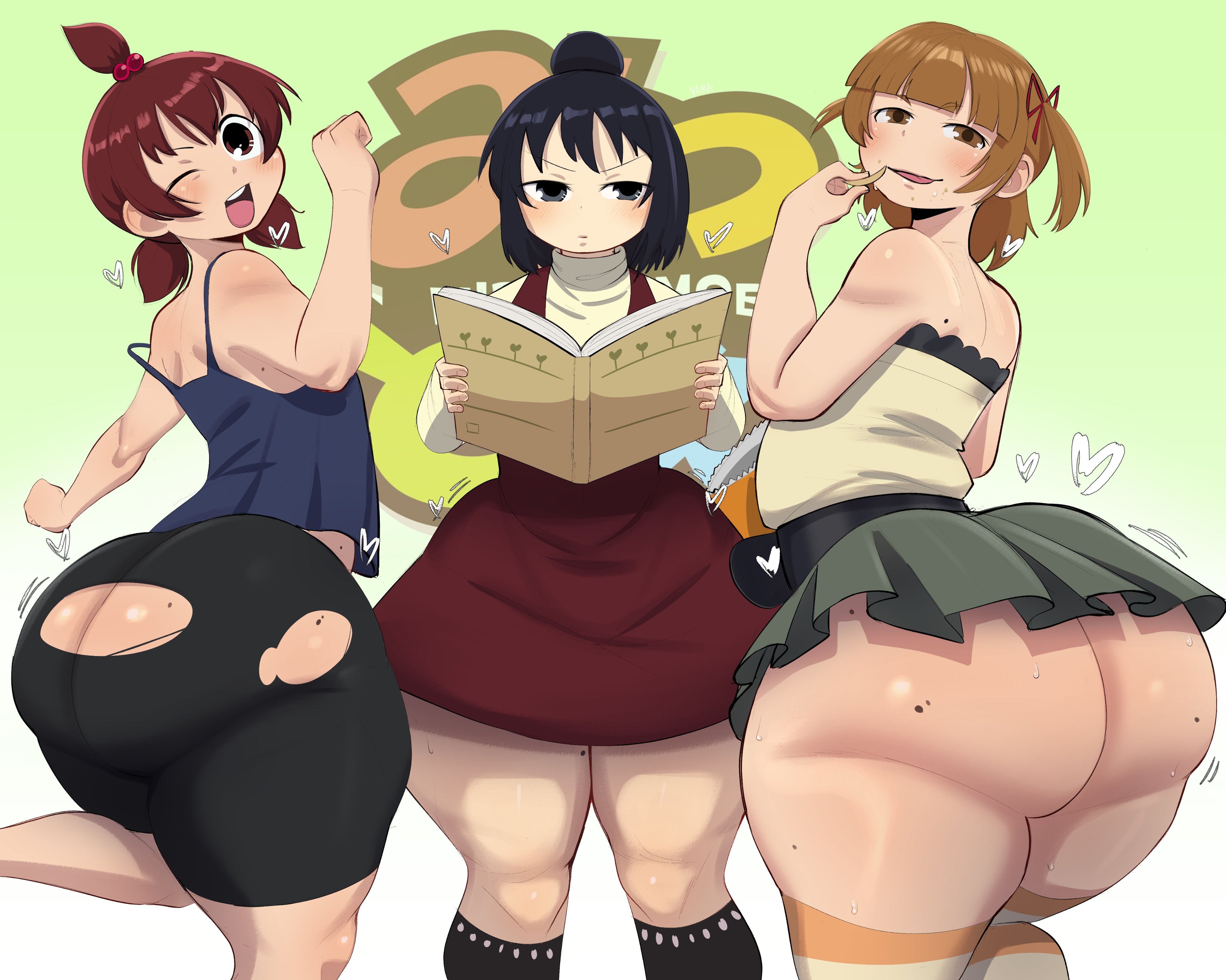 2026, 3girls, aged up, big ass, black eyes, black hair, blushing, brown eyes, brown hair, bubble butt, child bearing hips, dat ass, dumptruck ass, fat ass, female, female only, flat chest, horny, horny female, huge ass, imminent sex, looking at viewer, looking back, looking pleasured, marui futaba, marui hitoha, marui mitsuba, mitsudomoe, posing, posing for the viewer, red eyes, red hair, ripped clothing, small breasts, thick thighs, thunder thighs, torn clothes, torn clothing, unaware, wink, winking at viewer, yamathegod