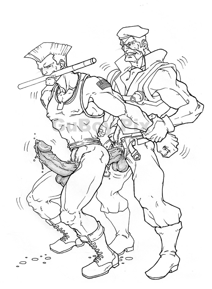 2boys anal bara biceps boots capcom cum cum_drip drooling erect_nipples gag guboy guile hat human male male_only monochrome multiple_boys multiple_males muscle muscles nipples partially_clothed pecs penis precum pubic_hair restrained rolento scar standing street_fighter tattoo testicles yaoi