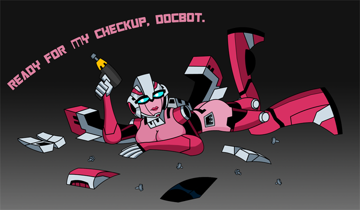 1girls arcee arcee_(tfa) ass autobot big_breasts blue_eyes breasts cleavage cybertronian english_text female female_autobots female_only holding_tool machine mechanical no_bra on_stomach pink_body pink_skin robot robot_girl solo solo_female tagme text transformers transformers_animated unknown_artist waiting