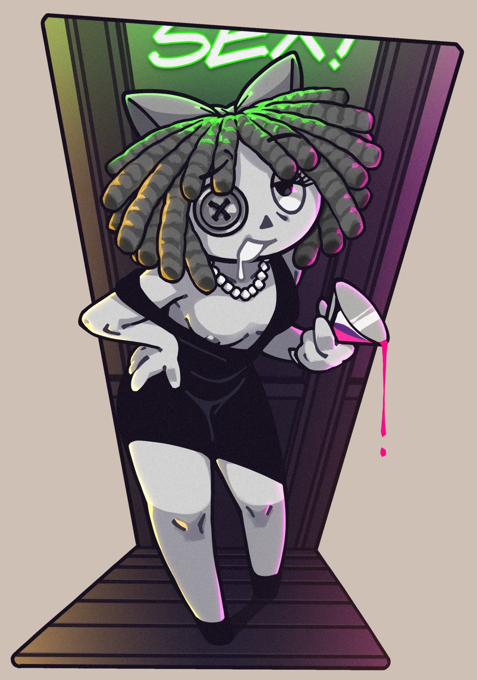 1girls, 2026, avon, black dress, bow, button eye, doll girl, drooling, drunk, drunk or something ragatha (the amazing digital circus), glitch productions, gooseworx, hand on hip, nip slip, pearl necklace, ragatha, ragatha (pub outfit), ragatha (tadc), ragatha (the amazing digital circus), ragdoll, solo female, spilling drink, tagme, the amazing digital circus