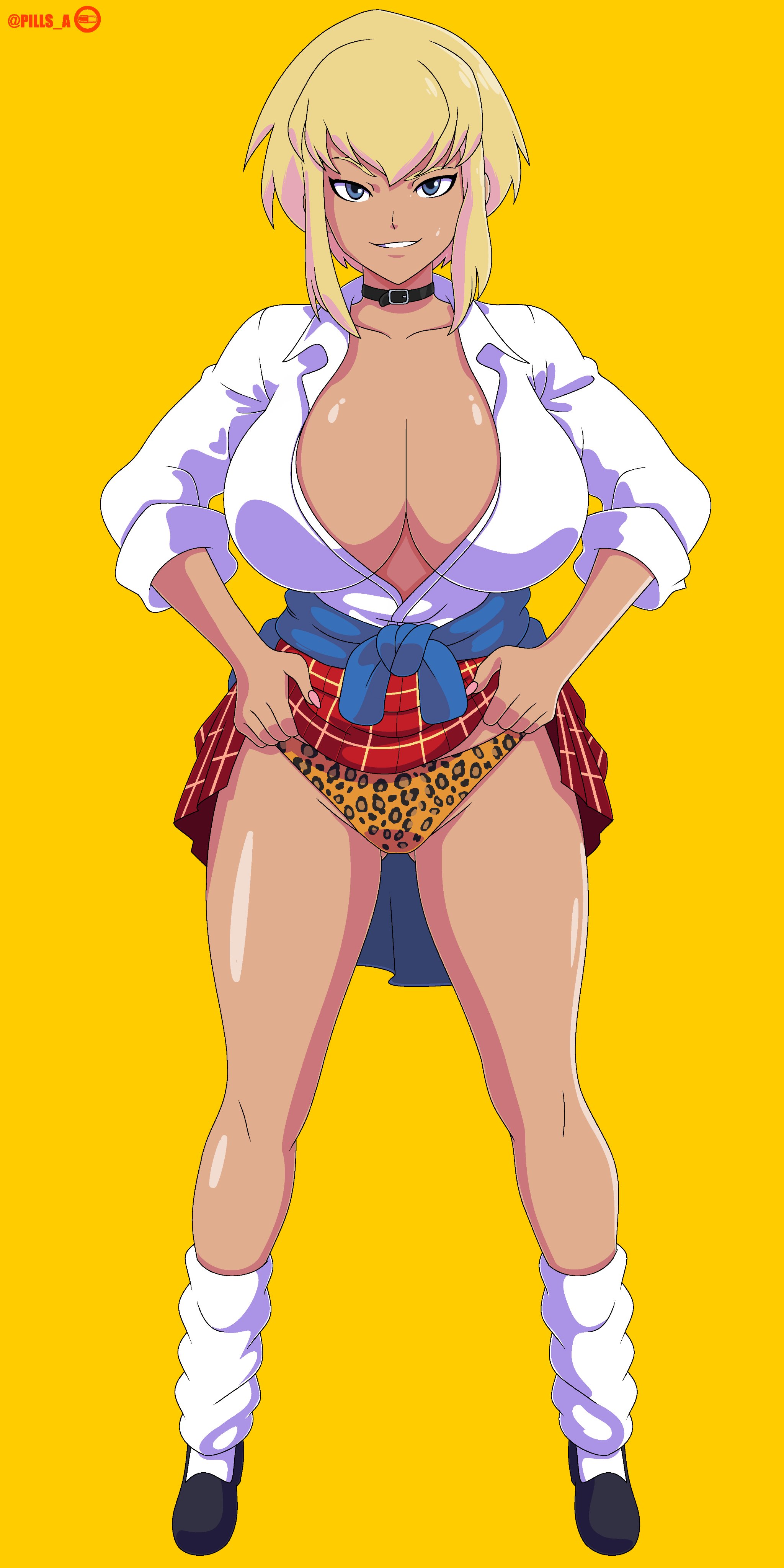 1girls, 2d, 2d (artwork), 2d art, 2d artwork, big boobs, big breasts, blonde female, blonde hair, blonde hair female, blonde-haired female, chocker, dc, dc comics, energy kyouka!!, exposing panties, female, gyaru, gyaru gal, gyarufication, gyarufied, kara zor-el, large breasts, leopard print, leopard print panties, outfit swap, pills a, pills-in-a-little-cup, school uniform, schoolgirl uniform, shiraishi kyouka, showing panties, solo, staring, staring at viewer, supergirl, supergirl (my adventures with superman), tan body, tan skin, tan-skinned female, tanned, tanned skin