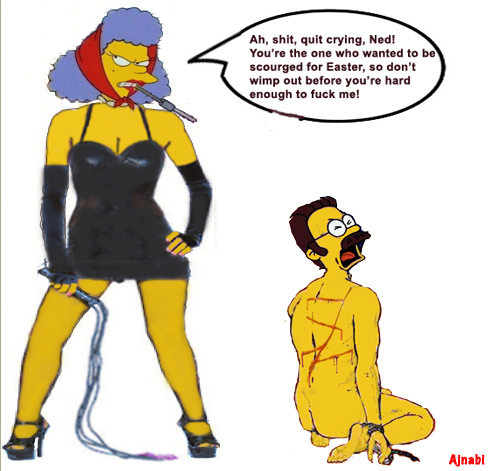 ajnabi bleeding blood bound clothes color female high_heels human injury male ned_flanders nude selma_bouvier sitting standing tagme the_simpsons