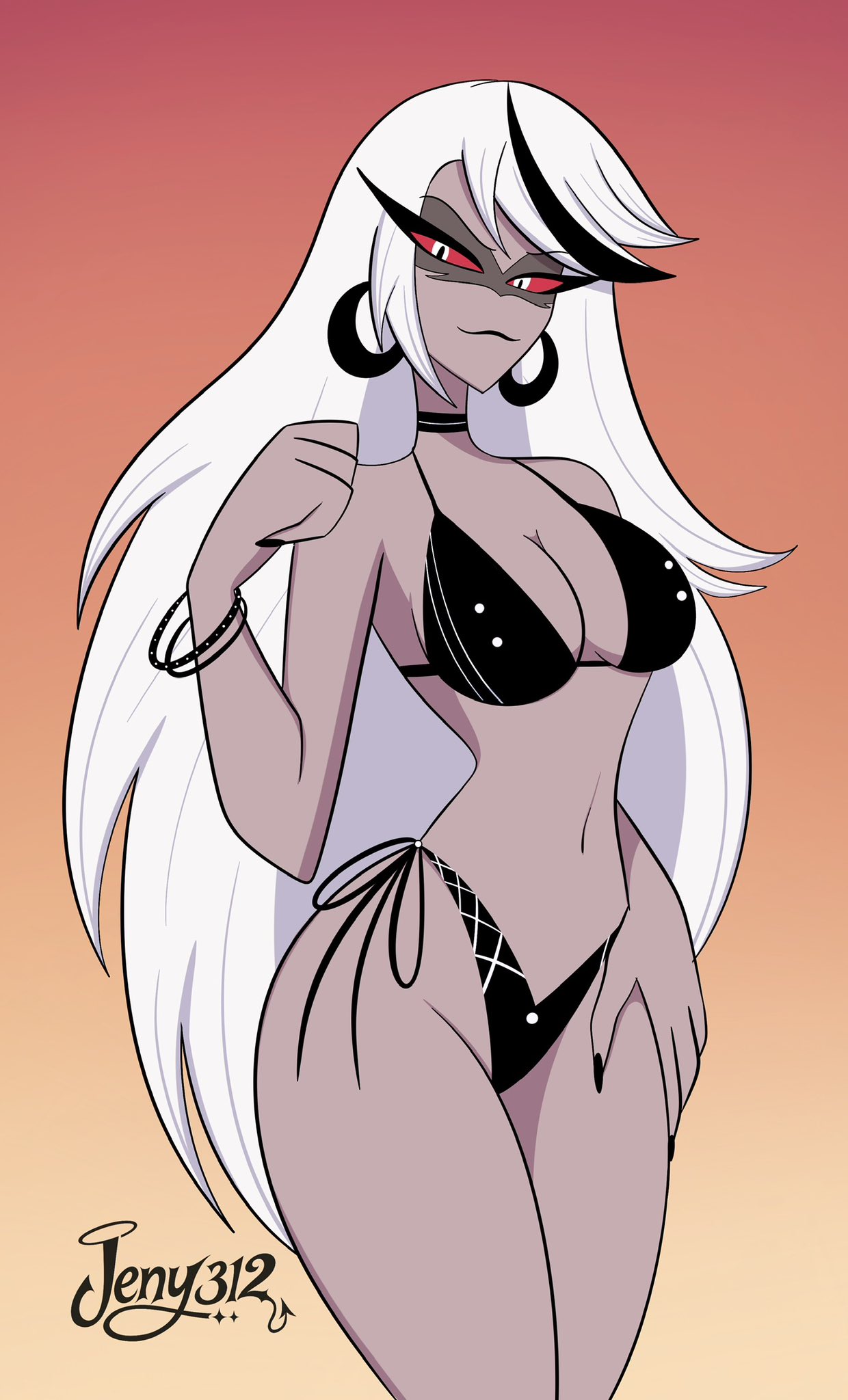 1girl, 1girls, amazon prime, bikini, black bikini, carmilla carmine, cartoon, demon girl, female, female focus, female only, female solo, hazbin hotel, hazbin hotel (season 2), hellaverse, jeny 312, long hair, mature, mature body, mature female, mature figure, mature woman, milf, milf body, solo, solo female, solo focus, spindlehorse toons, standing, standing up, twitter, very long hair, vivienne medrano, vivziepop, white hair, woman