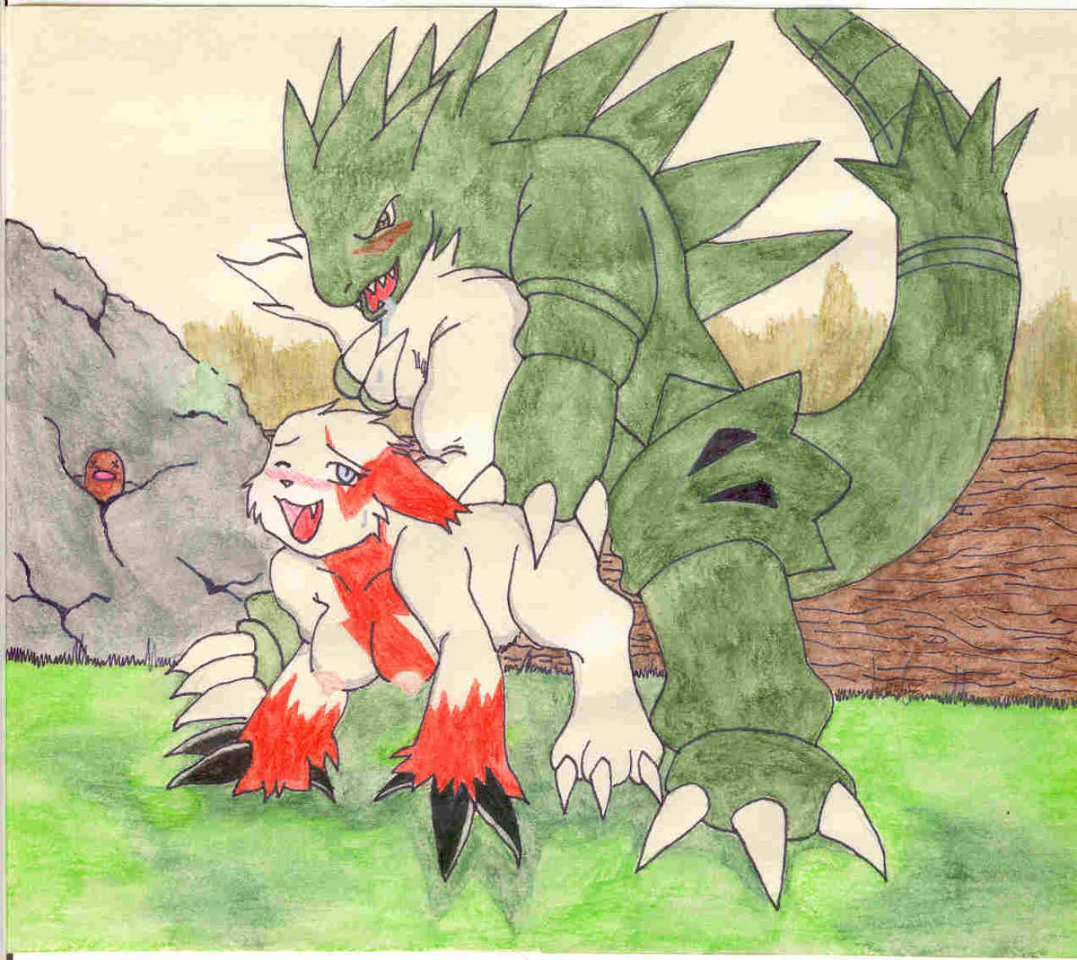 anthro blush breasts claws colored day diglett female fur furry interspecies male nipples nude outdoors pokemon pokemon_(species) sex straight tagme tyranitar zangoose