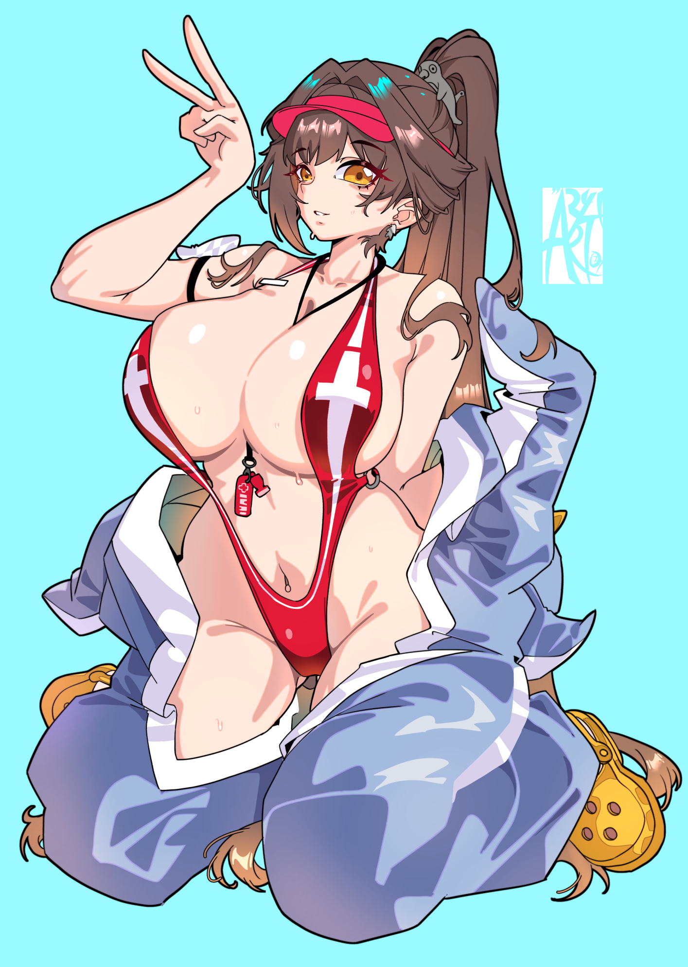 amyia art, aryi077, goddess of victory: nikke, huge breasts, kneeling, logo, marciana (marine study) (nikke), marciana (nikke), onesie, signature, slingshot swimsuit, smile, thick thighs, unworn clothes, v, wide hips