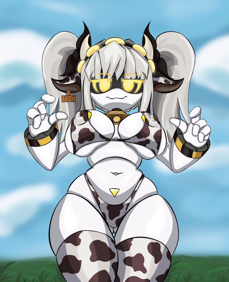 1girls, bikini top, boobs, breasts, cosplay, cow girl, cow print bikini, female, female focus, female only, grey hair, j (murder drones), looking at viewer, murder drones, sexy female, solo, solo female, solo focus