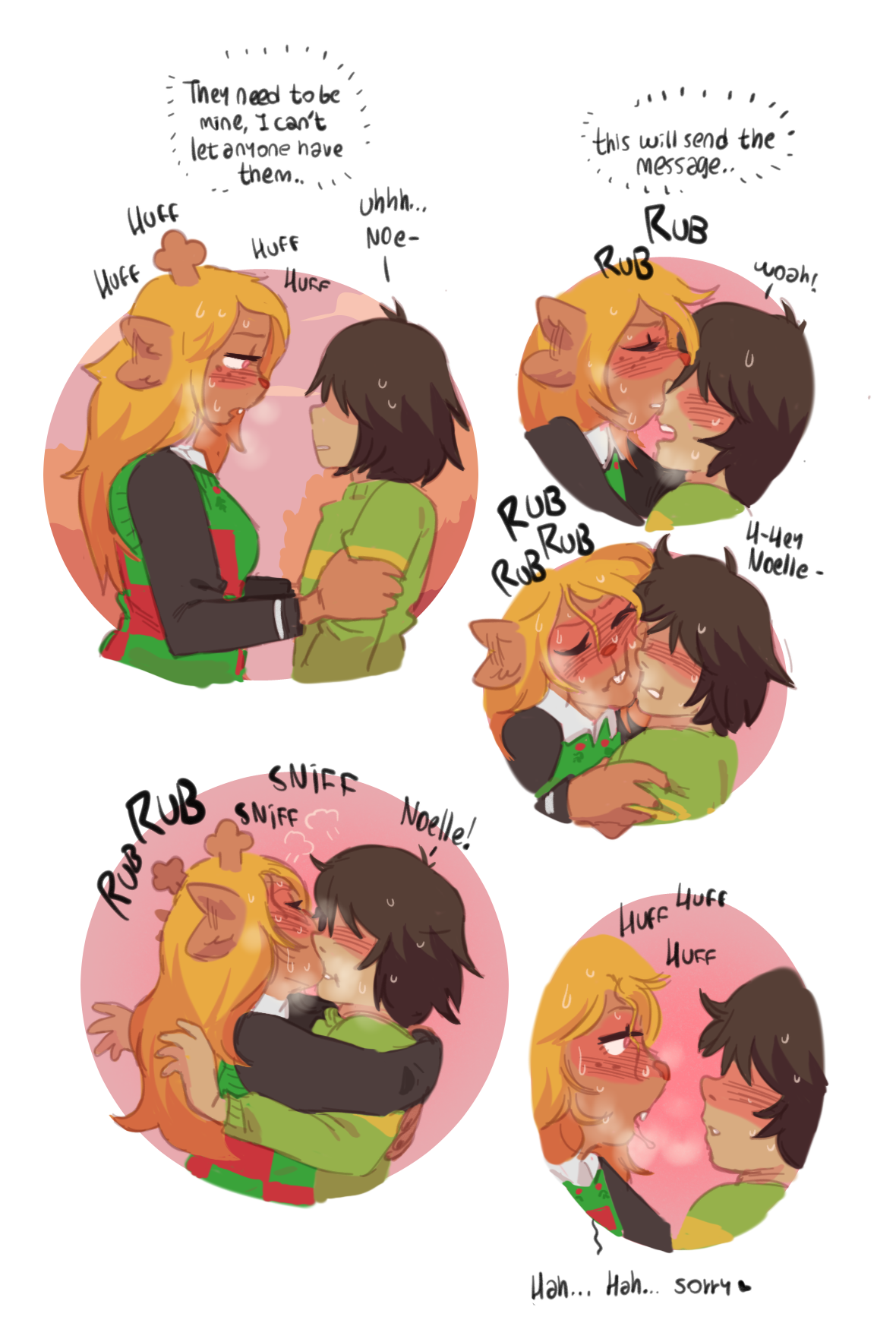 1girl, 1nonbinary, 1other, 2021, 2d, anthro, anthro on human, antlers, blush, color, deer girl, deltarune, female, heat, hug, human, human on anthro, in heat, kris (deltarune), noelle holiday, roly, scent marking, sniffing, sweat, taller female